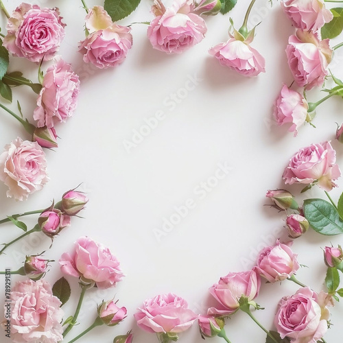 White background with cute pink roses frame © ksu