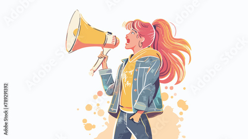 Young woman with megaphone. Hand drawn style vector 