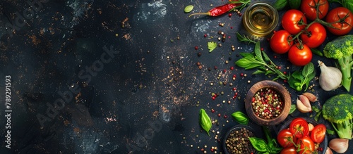 Background with healthy food. Fresh vegetables and cooking ingredients represent the concept of healthy eating. Top view with space for text. Dark backdrop.