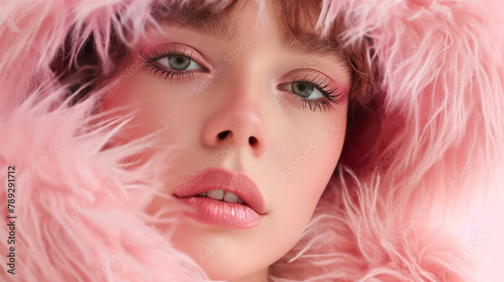 close-up portrait of a young woman with soft pink fur hood. Generative AI			