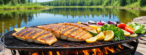 Fish dish, fish fillet and vegetables are grilled. Outdoor barbecue against the backdrop of a lake in the forest. Camping. Smoke fish on the grill with vegetables.