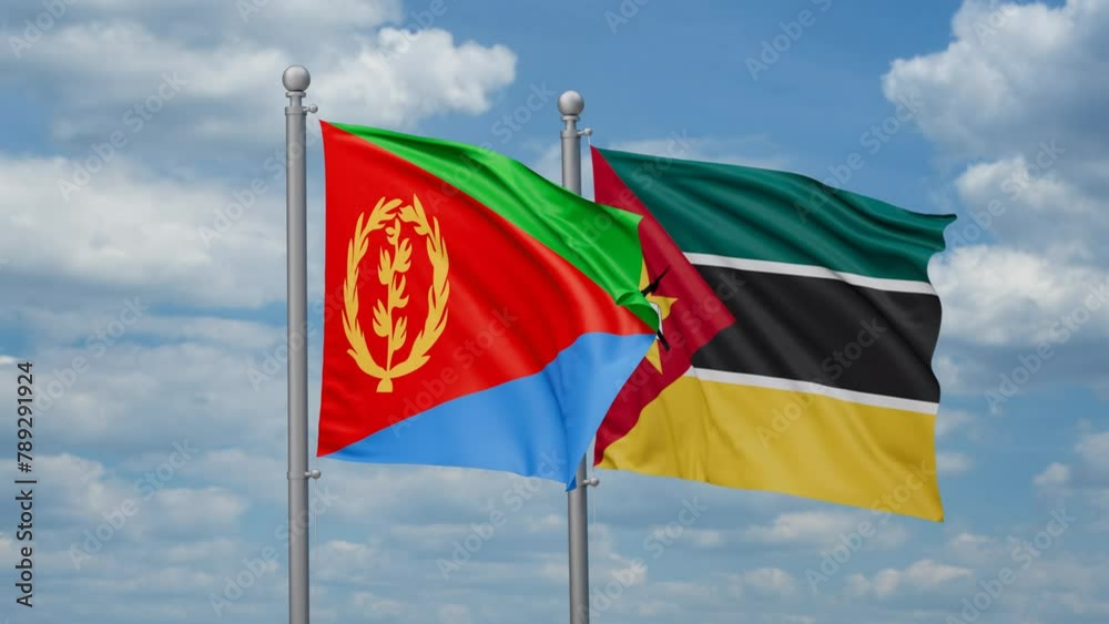 Mozambique and Eritrea two flags waving together, looped video, two country cooperation concept Mozambique and Eritrea two flags waving together, looped video, two country cooperation concept