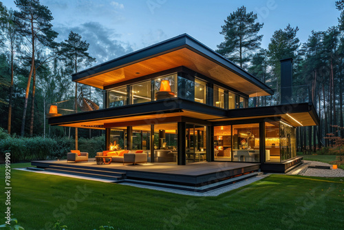 modern house with glass walls and black metal frame in the forest at night. contemporary home with a lawn