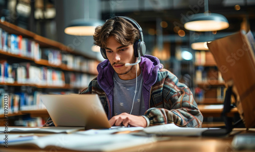 Focused European Student in Library Studying Online, Wearing Headphones, Working on University Research Project