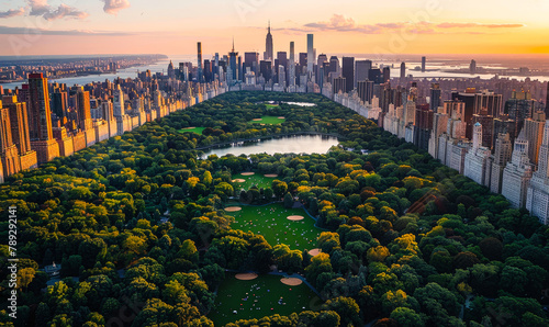 Sundown Serenity in the City: Aerial View of Central Park's Green Oasis Amidst Urban Skyscrapers