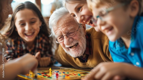 Closeup of joyful faces, young and old, clustered around a board game, sharing a moment of fun and unity photo