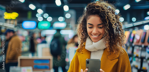 Joyful Hispanic Woman Texting Friends on Mobile App, Shopping Tech Store Laptop Displays