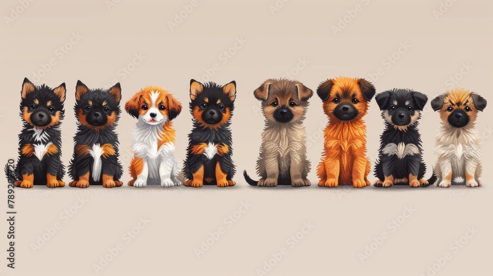Fototapeta premium Cartoon dog or puppy characters design collection in flat colors in different poses. Set of funny pet animals isolated on white background...