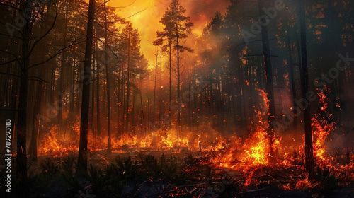 Terrible strong fire in the forest