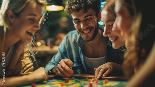 Happy group of friends and family engaged in a lively board game, smiles and laughter illuminating the scene
