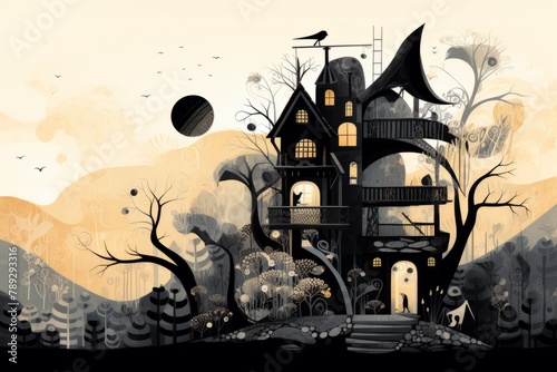 A Painting of a House in the Middle of a Forest