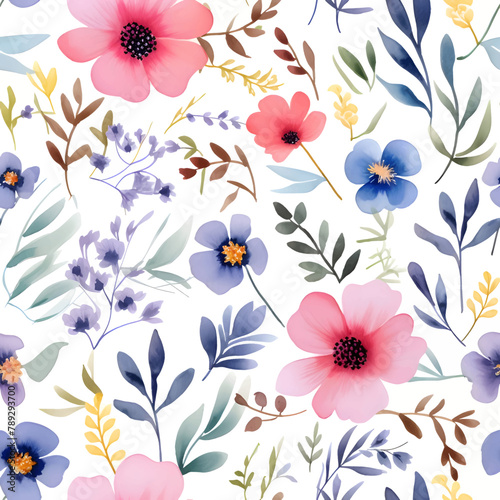 Seamless pattern with watercolor flowers and leaves. Vector illustration.