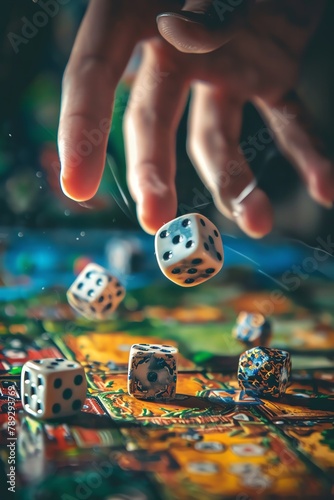Detailed portrayal of a hand and dice in motion over a board game, spotlighting the thrill of the play