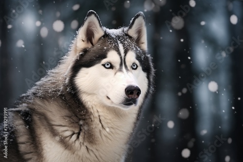 Majestic Husky Dog With Blue Eyes Standing in the Snow