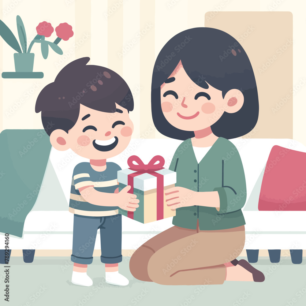 illustration of a child giving a gift to his mom to celebrate mothers day illustration of a child giving a gift to his mom to celebrate mothers day