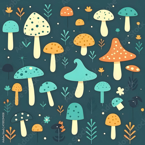 Seamless pattern with mushrooms and plants. Hand drawn vector illustration.