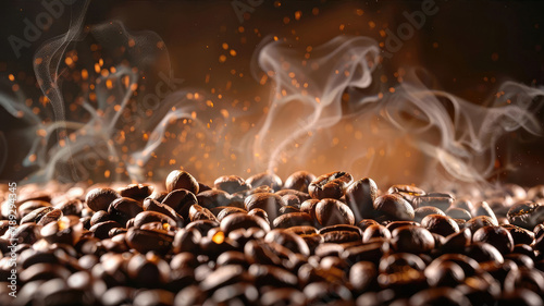 Fragrant roasted coffee beans with thin streams of smoke, sparks and fire on a dark background