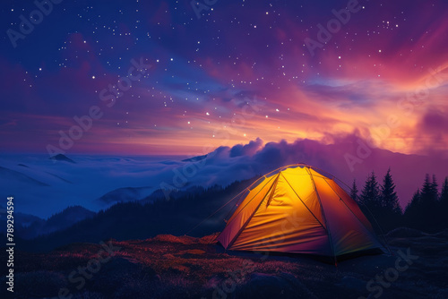 camping tent illuminated in the style of the light inside at night on top of mountain with beautiful colorful sky and stars. camping tent under milky way galaxy with stars on a night sky background © Rangga Bimantara