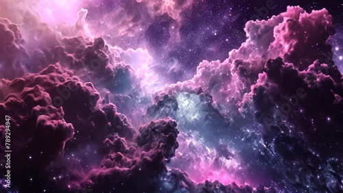 An Video of a vibrant space scene with stars and clouds filling the night sky, Neon colored interstellar cloud creating a sci-fi space scenery