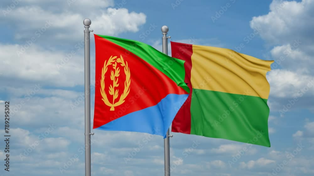 Guinea-Bissau and Eritrea two flags waving together, looped video, two country relations concept Guinea-Bissau and Eritrea two flags waving together, looped video, two country relations concept