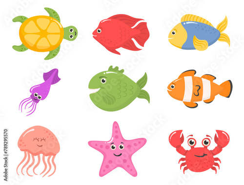 Set of funny ocean animals isolated on a white background. Sea creatures. Marine animals and aquatic plants. Underwater creature set vector isolated. Funny cartoon character. Vector illustration.
