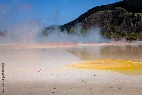 geothermal region, Rotorua New Zealand, sulphur sulfur steam rotten egg smell, colorful boiling water pools with mud, travel tourism destination
