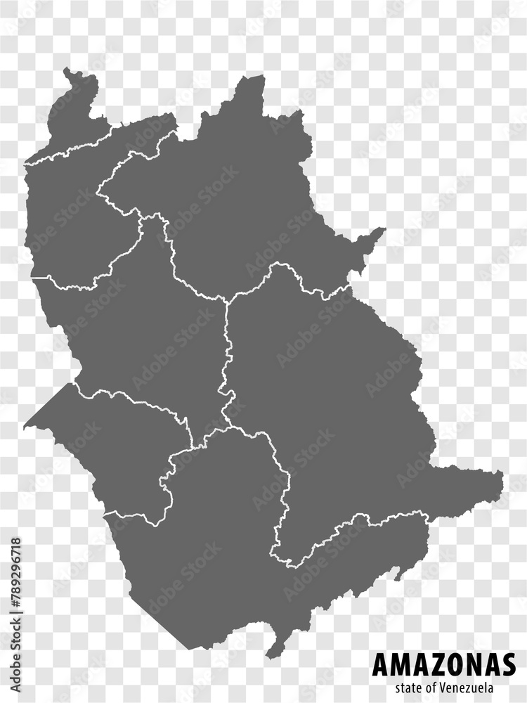 Obraz premium Blank map Amazonas State of Venezuela. High quality map Amazonas State with municipalities on transparent background for your design. Bolivarian Republic of Venezuela. EPS10.