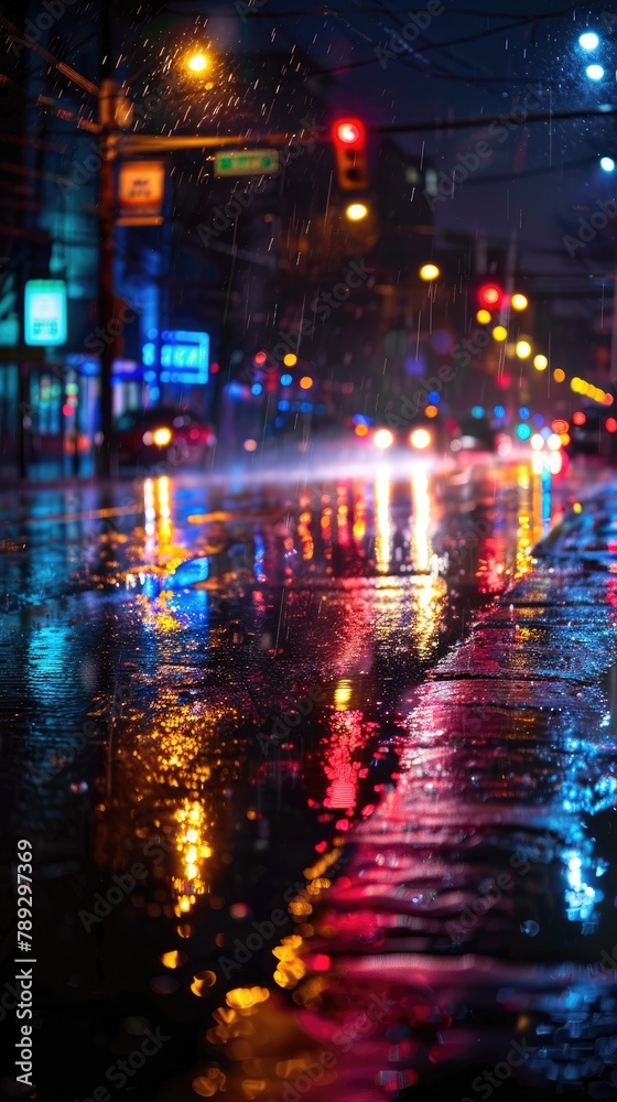 Wet city streets reflecting street lights on a rainy night Wet city streets reflecting street lights on a rainy night