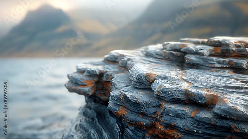 Focus on the rugged textures of a mountain rock, shaped by millennia of wind and weather. photo