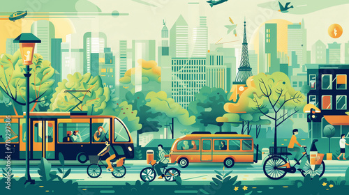 vibrant illustration showcasing eco-friendly transportation alternatives such as electric cars bicycles and public transit systems.