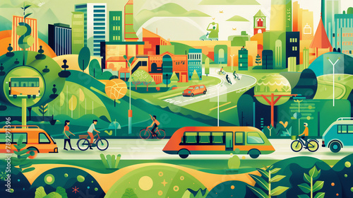 vibrant illustration showcasing eco-friendly transportation alternatives such as electric cars bicycles and public transit systems.