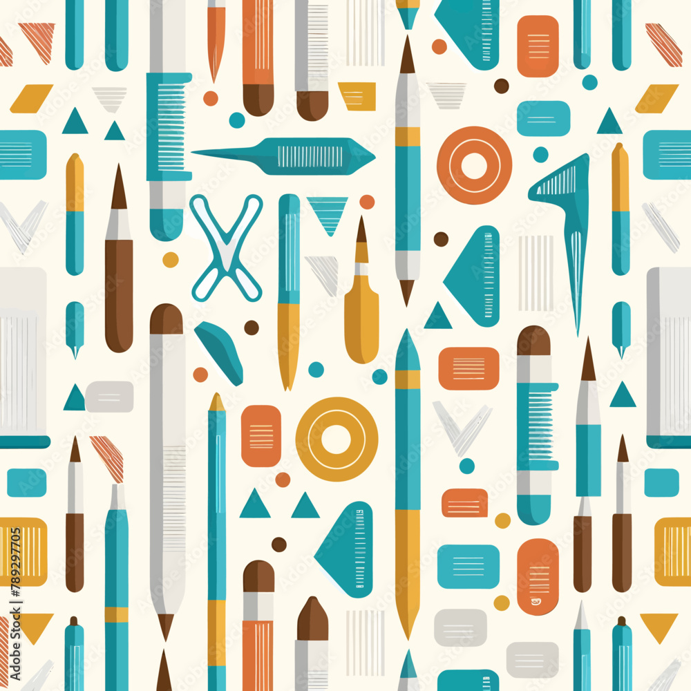 Seamless pattern with stationery items. Vector illustration in flat style.