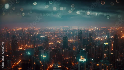This photo captures the illuminated cityscape at night as seen from the vantage point of a tall building, Panoramic view of a cityscape bursting with lights after dark photo