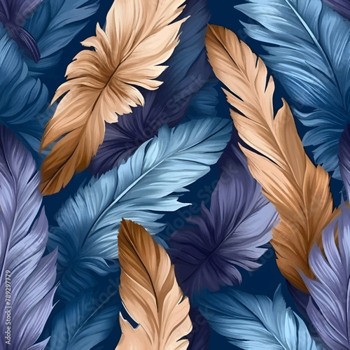 Seamless pattern with colorful feathers on blue background. Vector illustration.