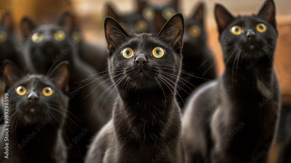 Close-Up of Multiple Black Cats with Intense Yellow Eyes Against a Blurred Background. Generative AI	