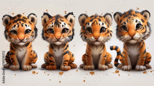 The cutest tiger doodle modern set you can buy! Cartoon tiger characters in different poses with flat color. Happy Chinese new year greeting card for 2022 with cute tiger. photo