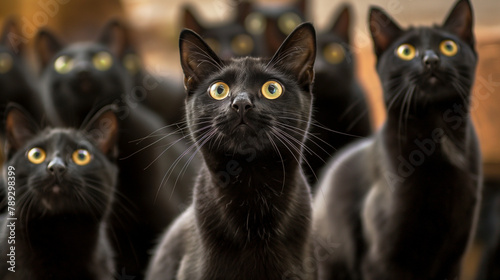Close-Up of Multiple Black Cats with Intense Yellow Eyes Against a Blurred Background. Generative AI 