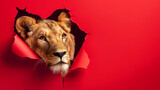 majestic lion emerging through red broken wall. Copy space. Generative AI	
