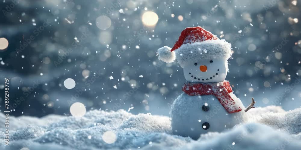 A snowman with a red scarf and a santa hat is standing in the snow A snowman with a red scarf and a santa hat is standing in the snow