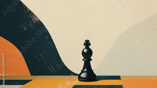 Single black pawn on a chessboard with abstract geometric background