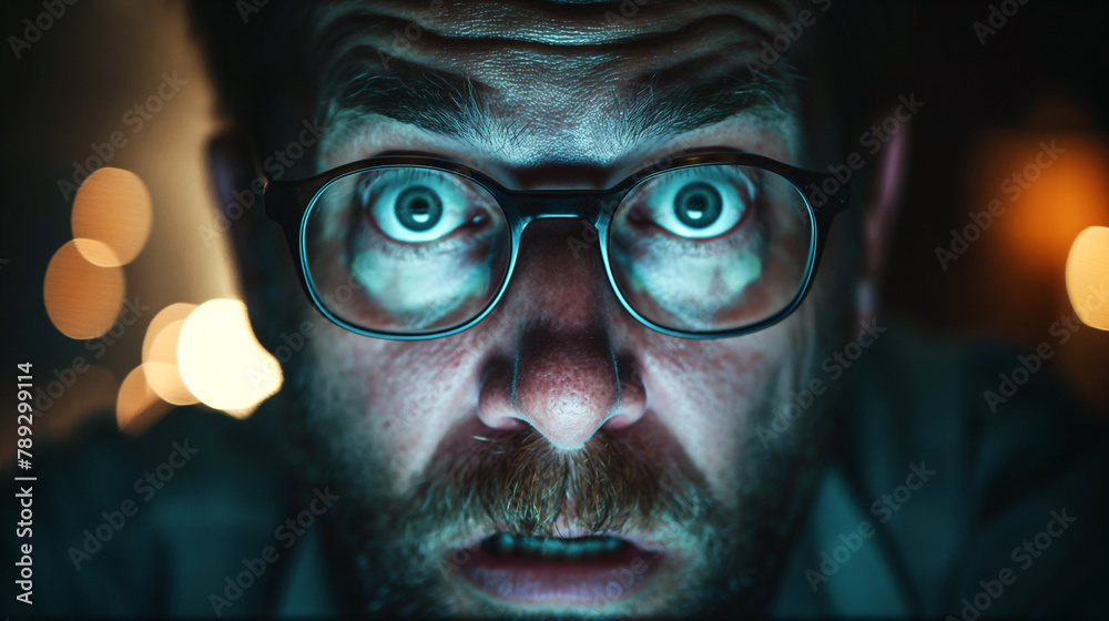 Close-up of a Surprised Man with Glasses Overwhelmed by Screen Glow. Generative AI Close-up of a Surprised Man with Glasses Overwhelmed by Screen Glow. Generative AI