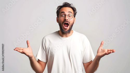 Surprised Man with Open Mouth and Raised Hands in White T-Shirt Against a Grey Background. Copy space. Generative AI 