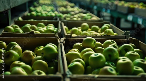 Green apples in wooden boxes at market or storage. Generative AI