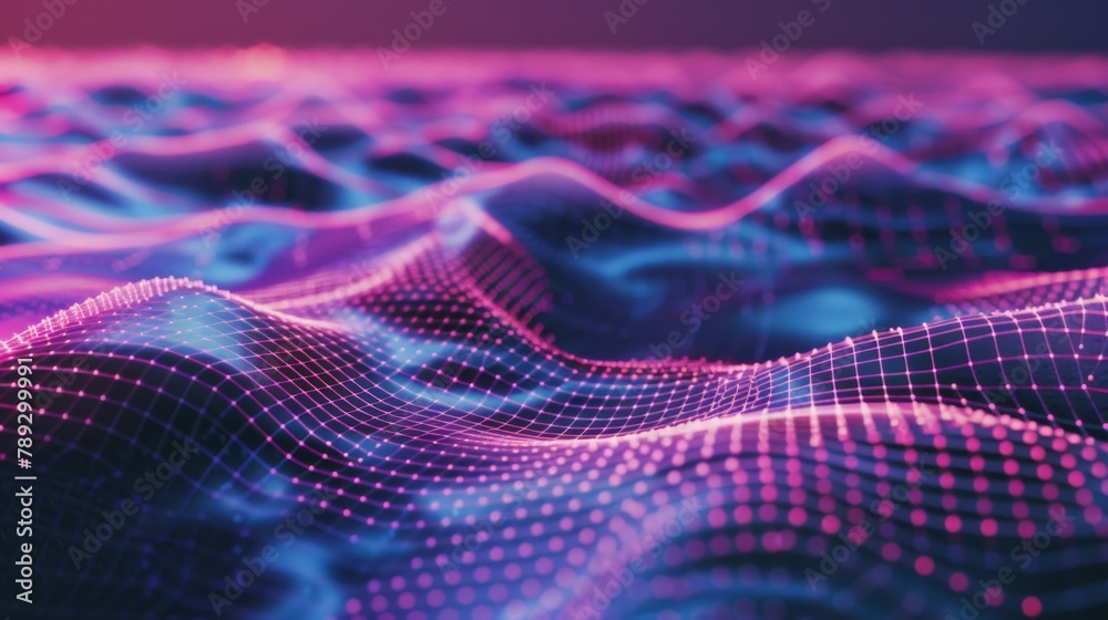 Abstract 3D digital waves in shades of pink and purple with a high ...