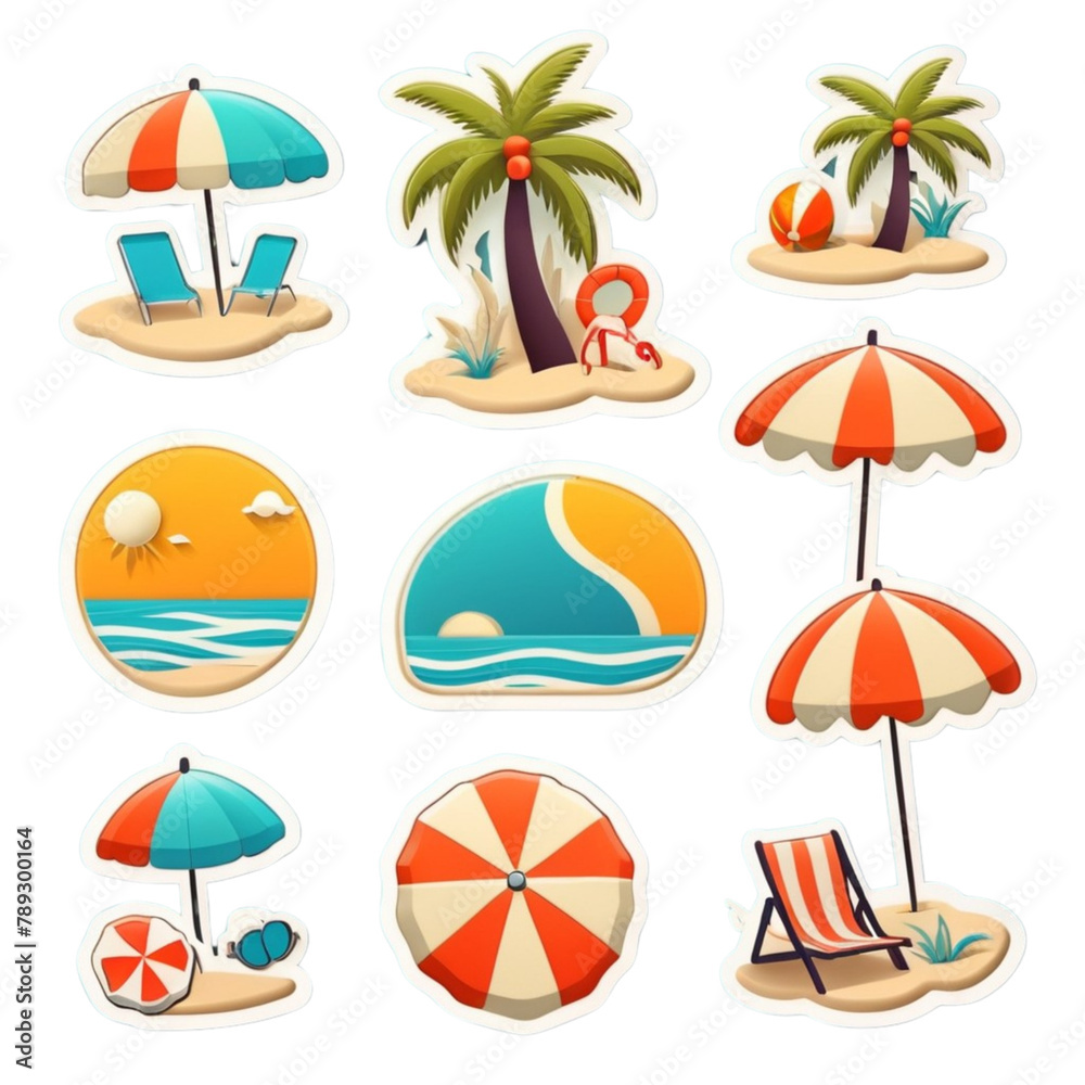 Set of cute vector summer stickers on Isolated transparent background png. generated with AI Set of cute vector summer stickers on Isolated transparent background png. generated with AI