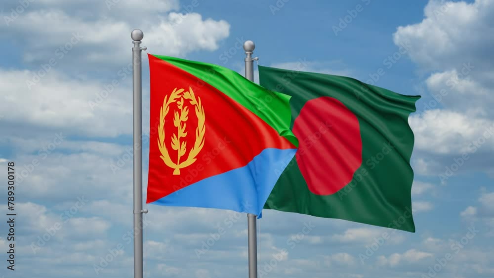 Bangladesh and Eritrea two flags waving together, looped video, two country relations concept Bangladesh and Eritrea two flags waving together, looped video, two country relations concept