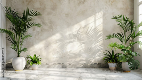 A space with empty white walls flanked by potted palm trees. Mockup
