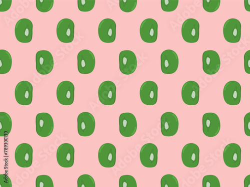 Seamless pattern made of mung beans, organised in straight vertical lines, isolated on light pink background (backdrop). Food. Bean. Vector illustration.