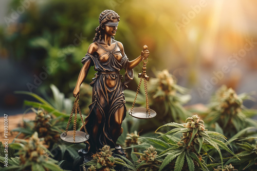 Lady Justice Blindfolded Holds Sword And Scales. Legalization of hemp. photo