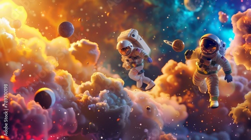Whimsical 3D cartoon astronomers on an intergalactic journey through cosmic wonders